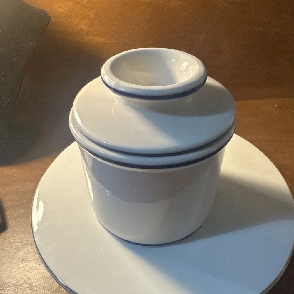 Butter Bell Crock L Tremain White With Blue Ceramic Butter Keeper